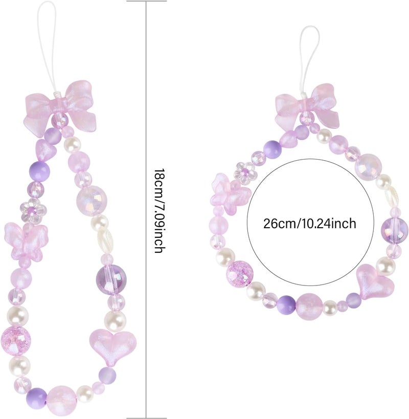 LUVI Beaded Phone Charm Lanyard Wrist Strap Love Heart Bow Beads Butterfly Chain Flower String Pearl Bling Bracelet Keychain Cute Fashion for Women - Image 3